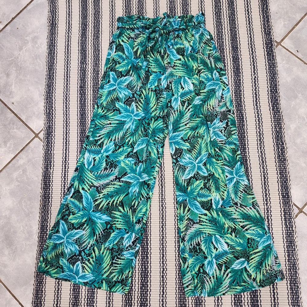 New Look Tropical Palm Snakeskin Print Wide Leg Paperbag Waist Pants Green M